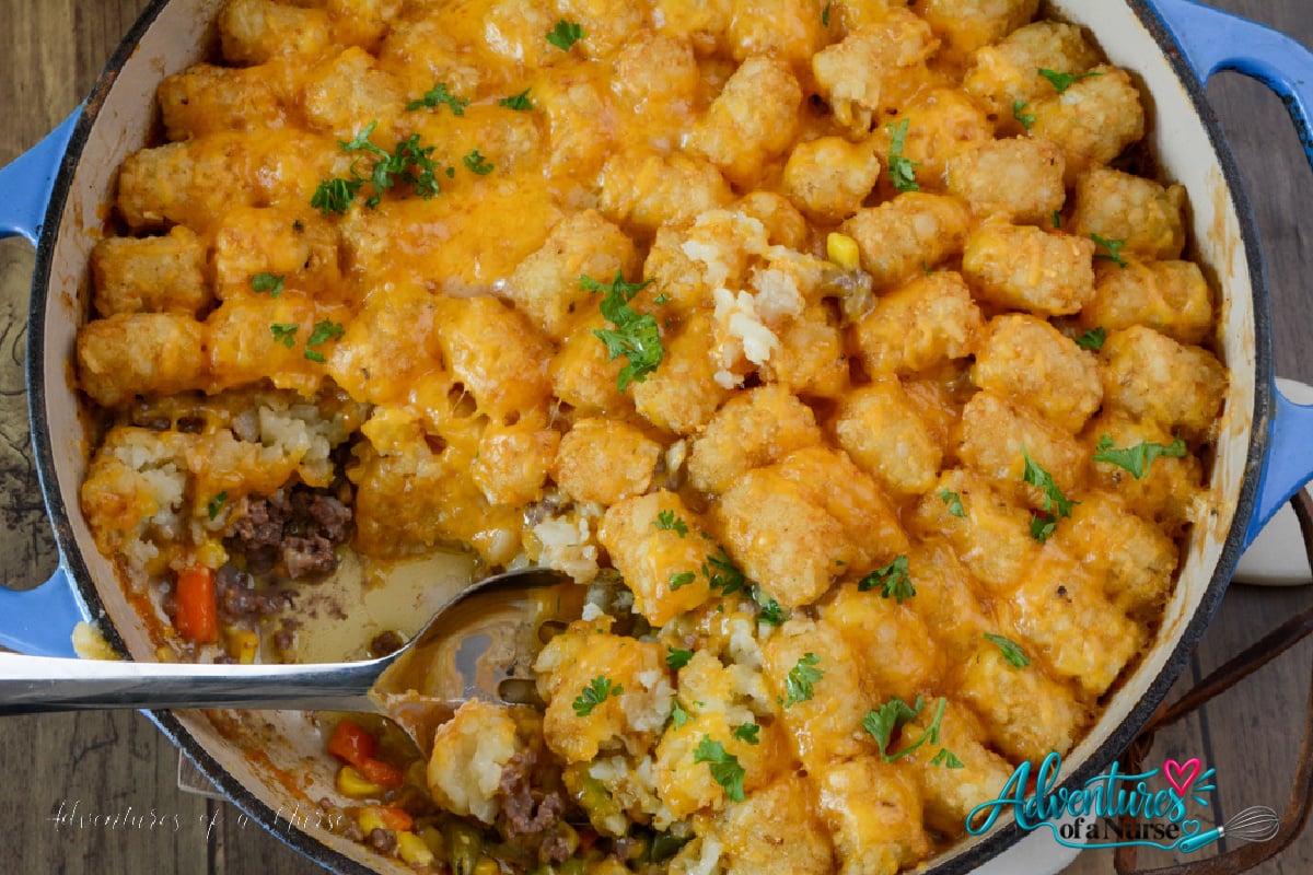 Easy Tater Tot Casserole in casserole dish