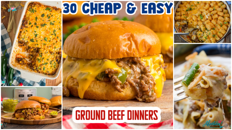 Collage of 30 cheap and easy ground beef dinners featuring cheesy sandwiches, casseroles, pasta, and tater tot dishes.