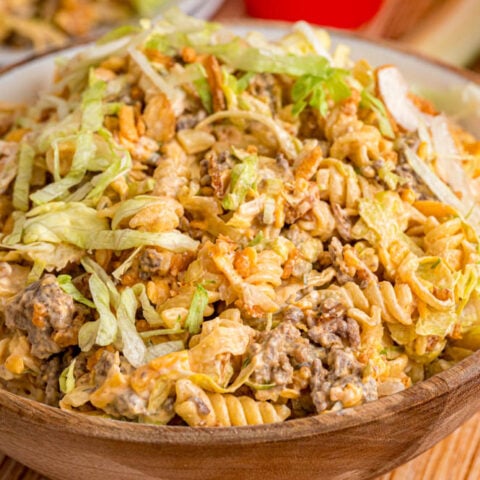 Big Mac Pasta Salad in a serving bowl