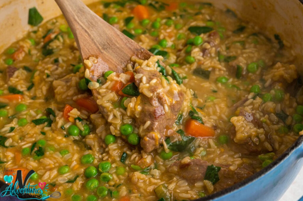 Close-up of homemade lamb dog food with tender lamb, brown rice, carrots, peas, and spinach.
